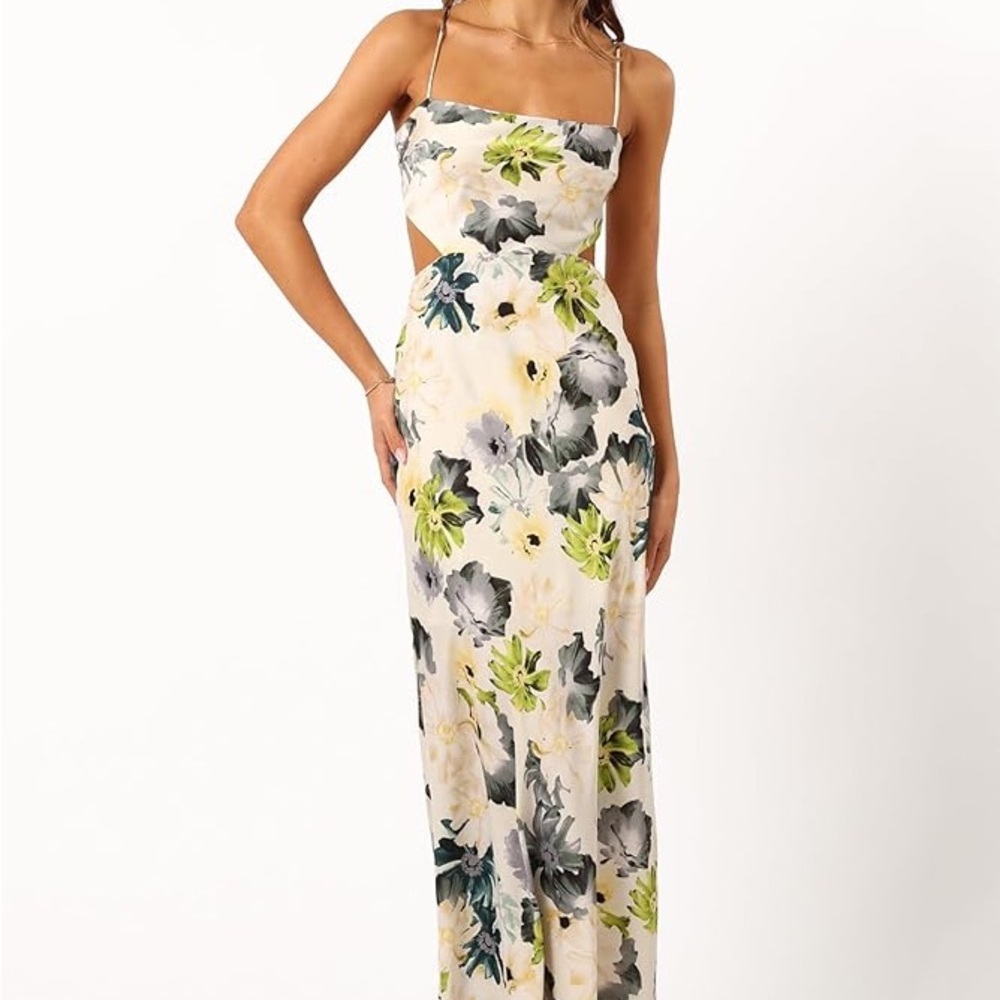 Petal & Pup Cream Floral Backless Maxi Dress with Green and Blue Accents